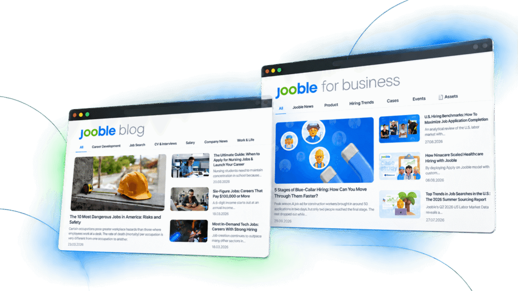 Jooble’s B2C and B2B blogs displayed in two browser windows