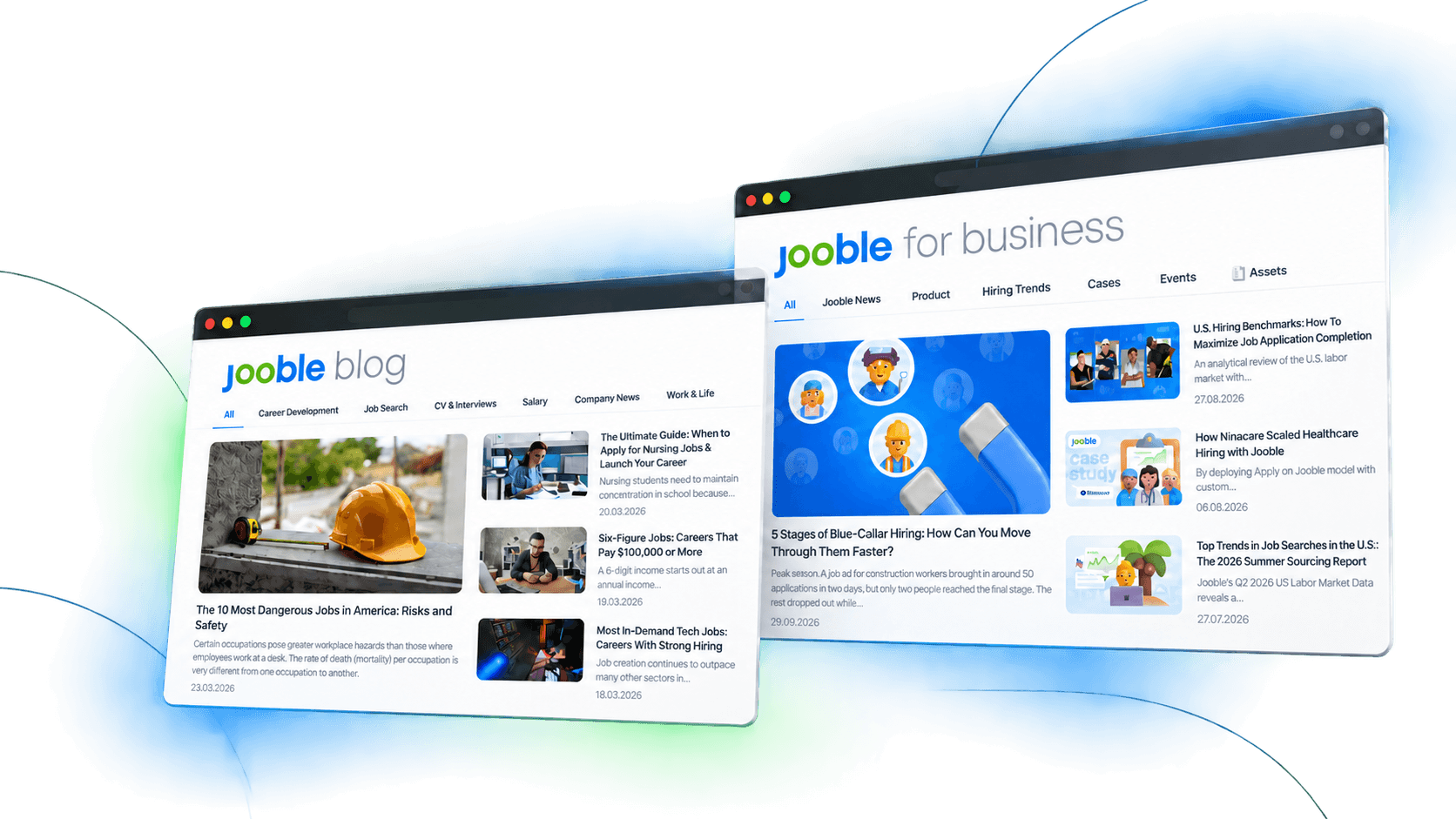 Jooble’s B2C and B2B blogs displayed in two browser windows
